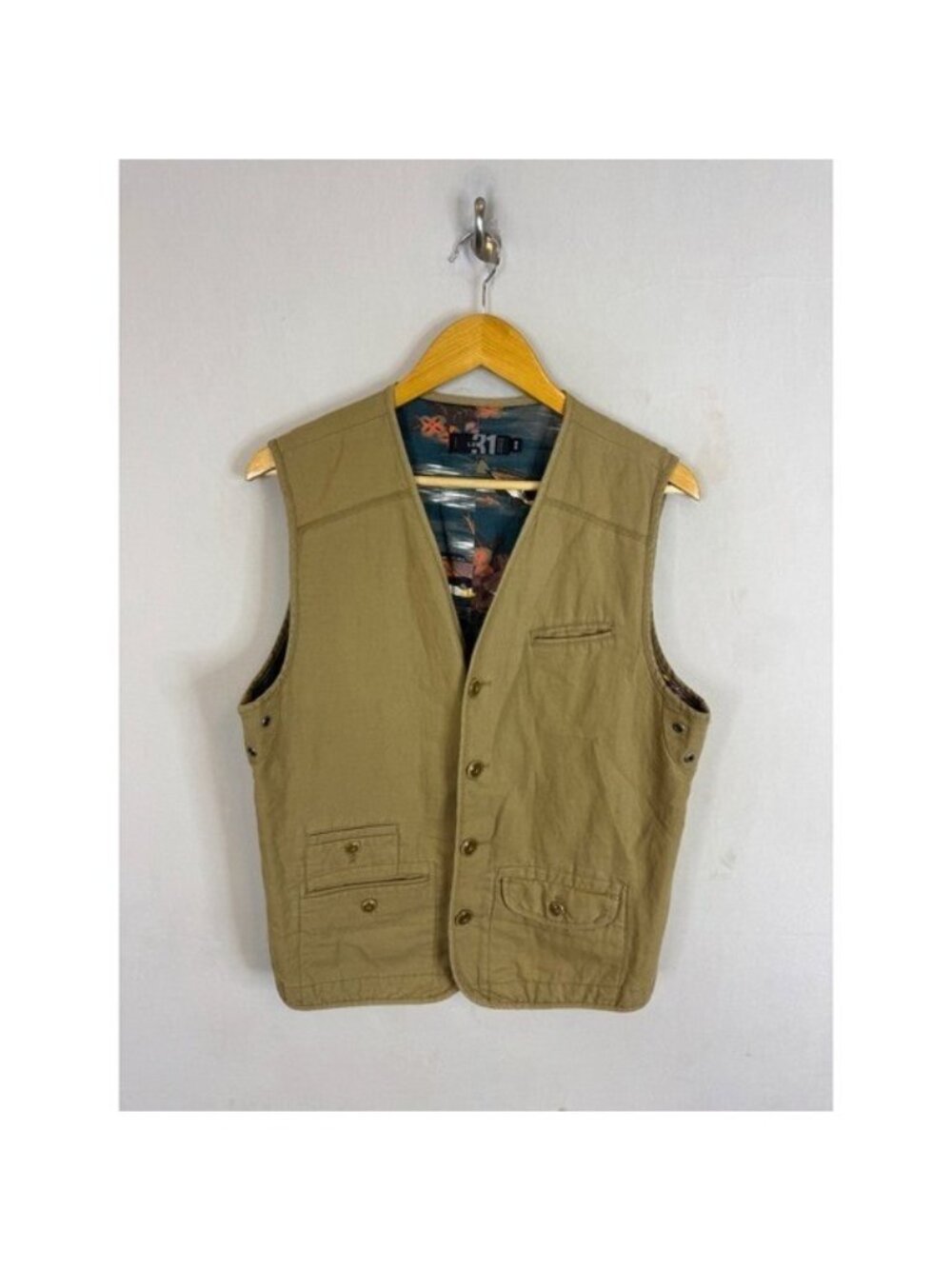 Le 31 Simons Mens Khaki Tan Linen Blend Utility Vest Fish Print Lining Size M